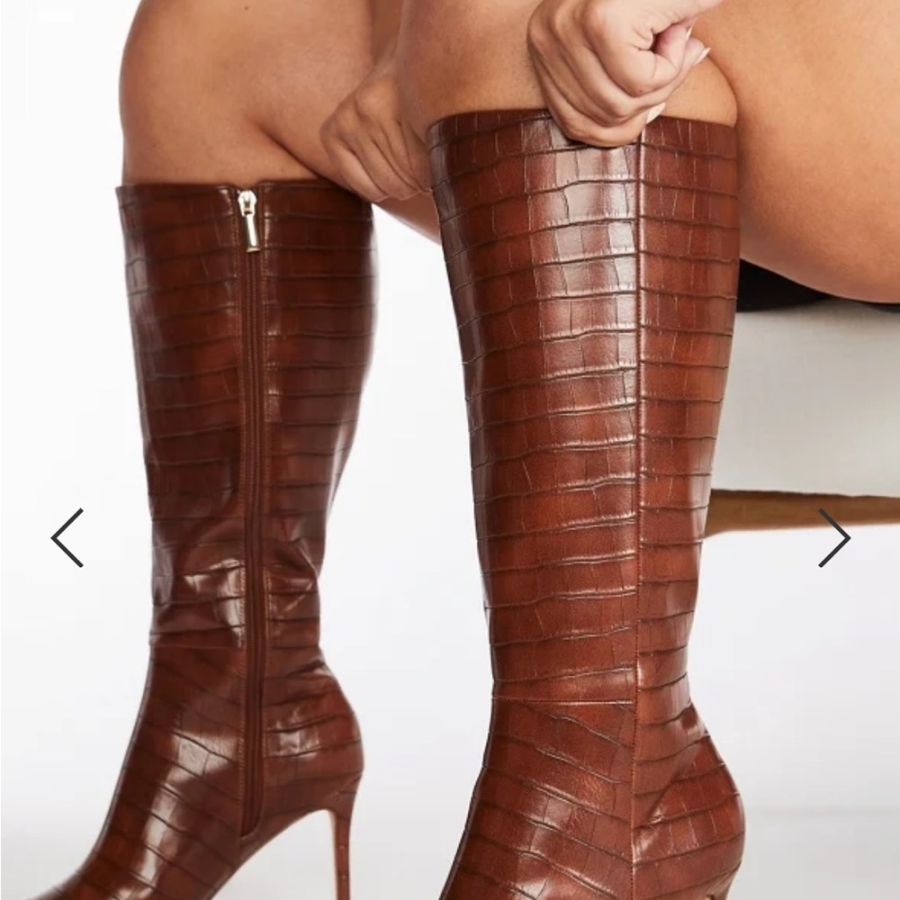 JUSTFAB Khloy Brown Croc-Embossed Knee-High Boots Size 9.5 Wide Calf